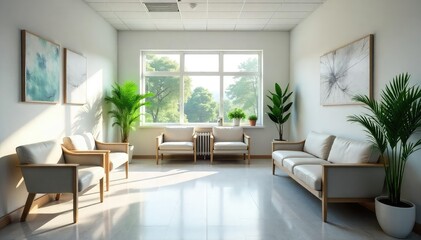 Fototapeta premium Modern, bright doctor's surgery waiting area with comfortable seating and natural light , healthcare, appointment, medical