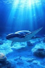 Fototapeta premium Humpback Whale Swimming Underwater in Tropical Ocean with Sun Rays and Fish Eye View of Marine Life