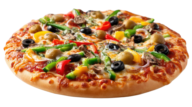 Delicious Pizza: A close-up shot captures the enticing details of a freshly baked pizza, overflowing with a medley of vibrant toppings, promising a burst of flavor.