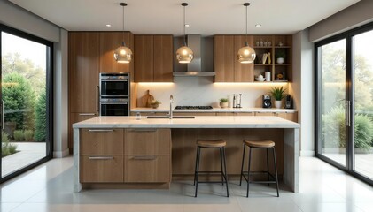 Modern kitchen island with countertop seating, ample storage, and sleek appliances , home decor, food preparation, interior design