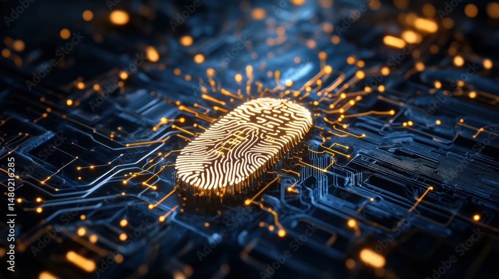 Aufkleber close-up of a futuristic digital fingerprint scanner embedded in a high-tech circuit board with holo