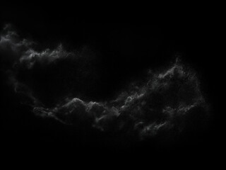 Feine weiße Staubwolke in einer wirbelnden Bewegung auf schwarzem Hintergrund – abstrakte Darstellung von Pulver in der Schwebe