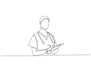 Continuous one line drawing of nurse holding medical report. One line drawing illustration of nurse writing data on the clipboard. International nurse day concept single line. Editable outline