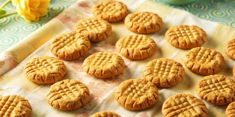 A close-up view of a batch of freshly baked, golden brown cookies with a criss-cross pattern on a white and yellow striped tablecloth, ready to be enjoyed.