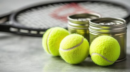 Bright Yellow Tennis Balls on a Table with a Tennis Racket and Canisters for Sports Equipment Photography