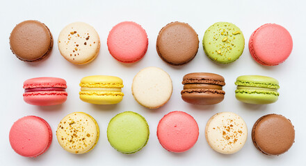 A delightful display of vibrant, assorted macarons arranged on a clean white surface.