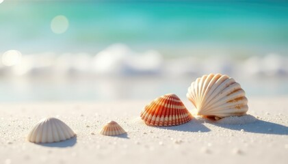 Shells scattered on white sand, gentle sea breeze, grain, tranquil, natural beauty