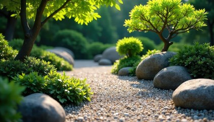 Serene Japanese Zen garden with raked gravel and meticulously placed rocks , inner peace, spiritual, traditional
