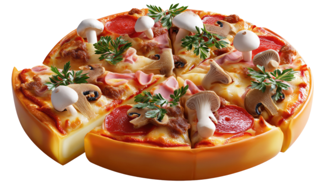 Pizza Delight: A mouthwatering pizza showcases culinary art, topped with fresh mushrooms and aromatic herbs, embodying the joy of savoring a flavorful slice.