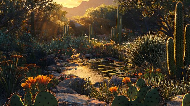 Serene Desert Oasis with Cacti and Colorful Wildflowers at Sunset