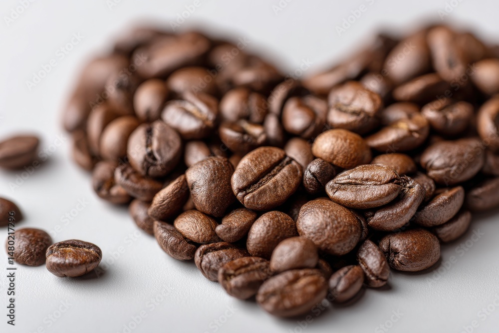 Poster heart shaped arrangement of roasted coffee beans on a white surface with soft lighting and a shallow