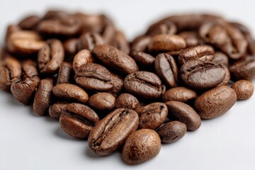 Naklejka premium A close-up shot showcasing a heart shape formed by a pile of aromatic coffee beans, beautifully highlighting the rich texture and warm, inviting tones against a smooth surface.