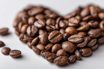 Fototapeta premium Heart shaped arrangement of roasted coffee beans on a white surface with soft lighting and a shallow depth of field showcasing the rich texture and color variations.