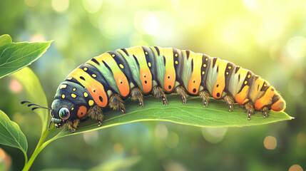 Naklejka premium Colorful Caterpillar on Green Leaf Nature Beauty