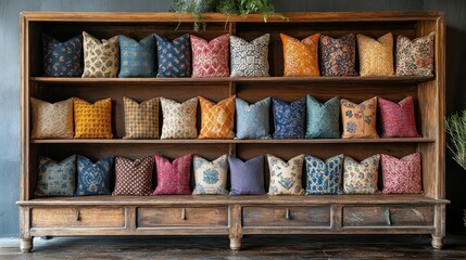 Colorful decorative throw pillows displayed on wooden shelves