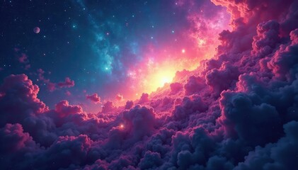 Fototapeta premium Stunning cosmic clouds of gas and dust, vibrant colors swirling in deep space , star cluster, stellar nursery