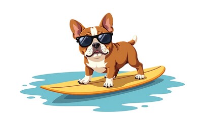 Bulldog Wearing Sunglasses with Surfboard on Sunny Tropical Beach