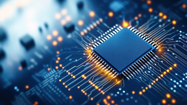 Close-up of a modern microprocessor chip on an electronic circuit board with glowing connections and intricate pathways