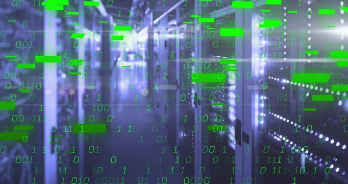 Data center corridor pulsing with glowing binary code overlay, showcasing server racks in 3D render