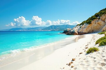 Sun-drenched white sand beach, turquoise Aegean Sea , travel, sand