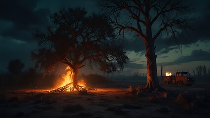 A bonfire burns brightly beneath a large tree at night with a truck in the background landscape