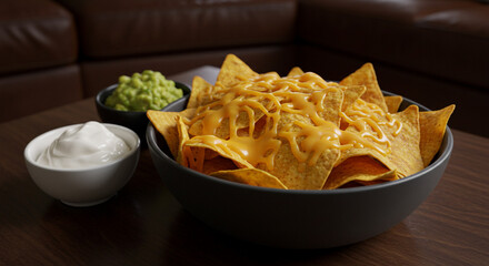 A close-up shot of nachos with cheese, guacamole, and sour cream, ready to enjoy.