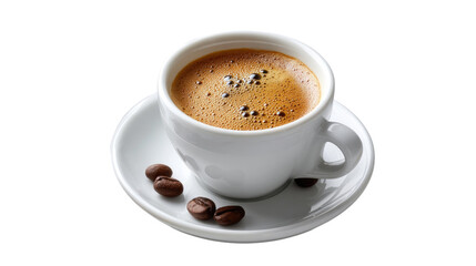 Espresso Delight: An inviting cup of freshly brewed espresso with rich crema, served in a classic white cup and saucer, with a few coffee beans scattered around, promising a delightful caffeine kick.