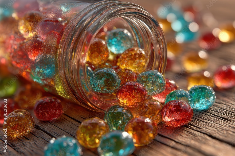 Poster colorful hydrogel balls spilling from a glass jar onto a rustic wooden surface, creating a vibrant a