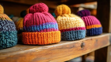 Colorful hand-knitted beanies on wooden shelves