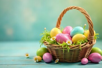 Naklejka premium Vibrant, colorful Easter eggs in a basket, springtime celebration , festive, Easter, egg hunt