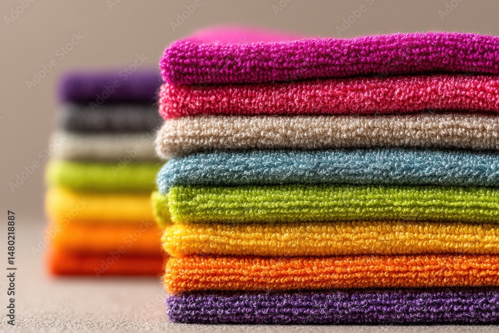 Poster a close-up studio shot capturing a vibrant stack of colorful terrycloth towels, showcasing a rainbow