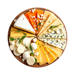 Variety of cheese types on wooden board. Top view.