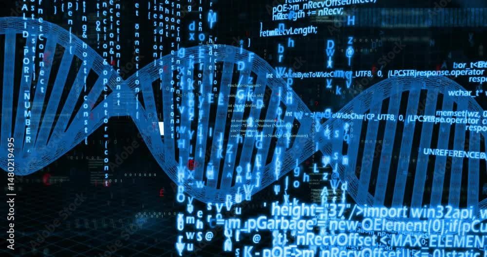 Poster 3D DNA helix floating over dark grid, with neon code and binary digits scrolling vertically