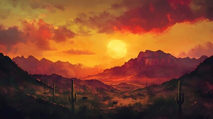 Naklejka premium Majestic Desert Sunset with Cacti and Vibrant Landscape View