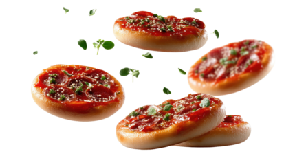 Mini Pizzas: Appetizing mini pizzas with rich tomato sauce, toppings, and herbs in an appetizing display, tantalizing taste buds, captured with high-angle perspective.