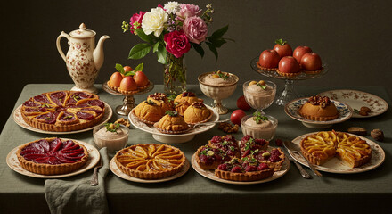 A beautifully set table with a variety of homemade tarts, cakes, fruit, and cream.