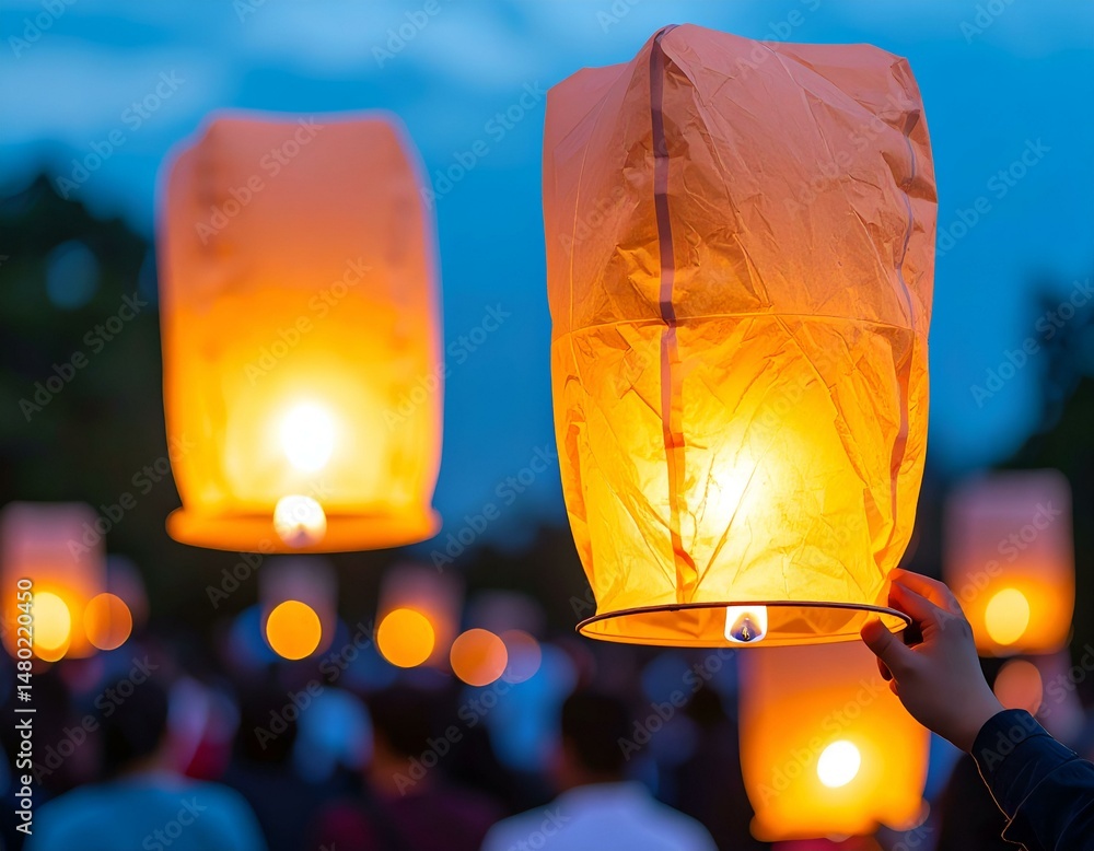Poster a person releases a glowing sky lantern at twilight. other lanterns float in the background, creatin