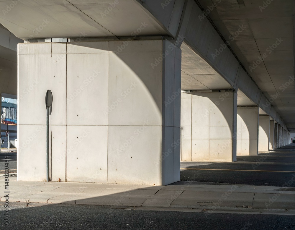Poster sunlit concrete bridge pillars and underside, creating an architectural abstract.