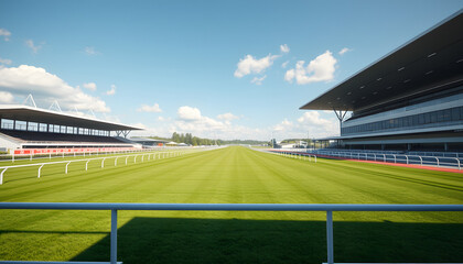 Obraz premium A desolate racetrack vista from the grandstand, with manicured emerald turf awaiting thundering hooves in stunning Unreal Engine photorealism., 8k. with white shades