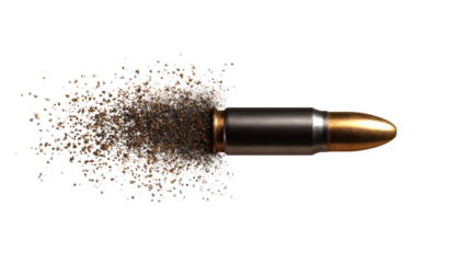 Bullet in Flight: A studio shot captures a bullet mid-flight, its trajectory marked by a trail of disintegrating fragments, symbolizing the raw power and potential energy.