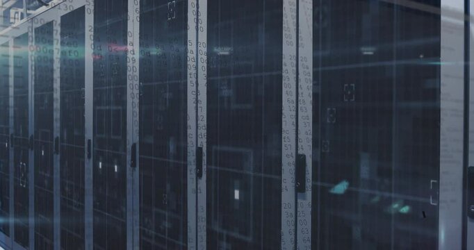 Server racks showing LED lights and patch panels in 3D render, with overlaid binary code