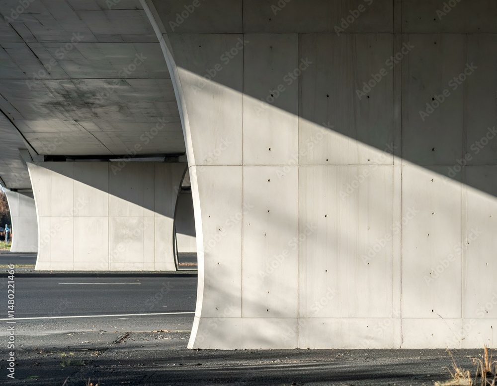 Aufkleber abstract image of a highway overpass. sunlight casts shadows on the concrete structure. minimalist a