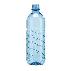 Clear blue water bottle with textured pattern and opening is positioned upright on black background