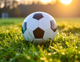 Fototapeta premium Soccer ball on dewy grass at sunrise. Perfect for sports, active lifestyle, and nature themes.