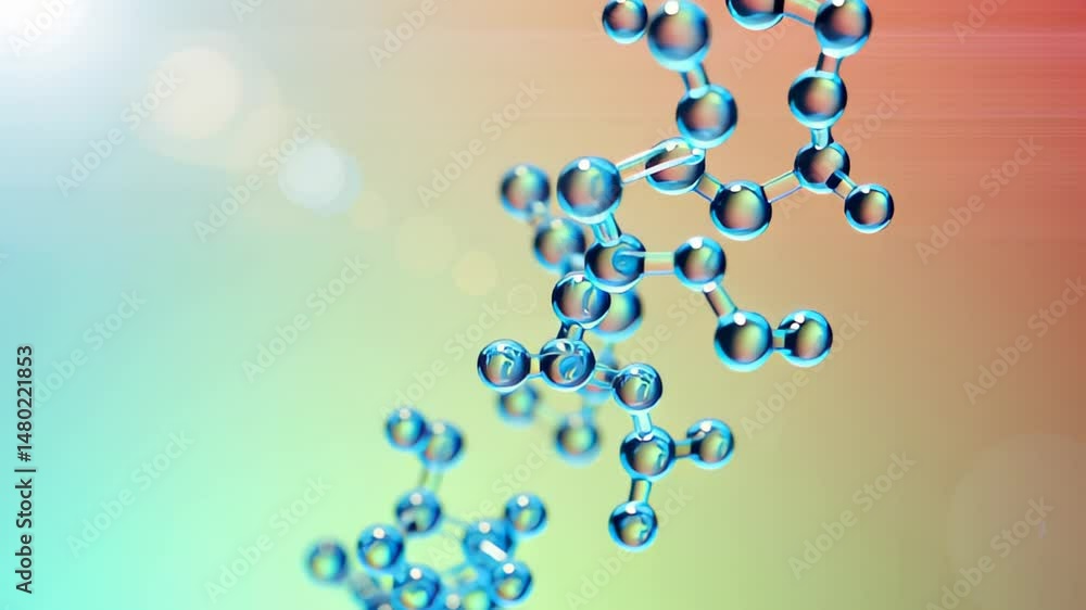 Poster molecular structure animation with floating atoms, clear glassy spheres and bonds, symbolizing scien