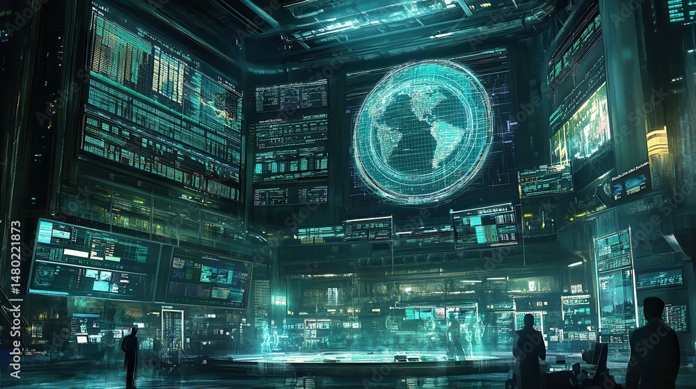 Aufkleber futuristic control room with digital screens and global map display