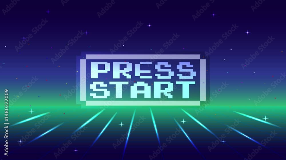 Poster press start retro video game background. abstract grid background for retro digital video game scree