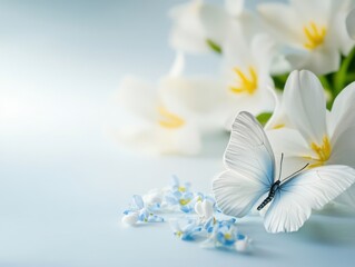 Fototapeta premium Butterfly on White Lily Flowers with Blue Accents in Soft Light Still Life Composition