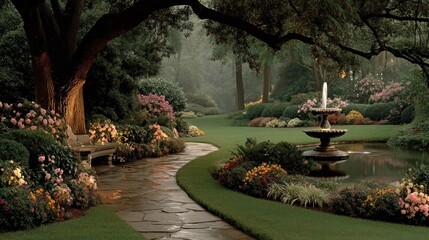 Garden pathway and fountain scene