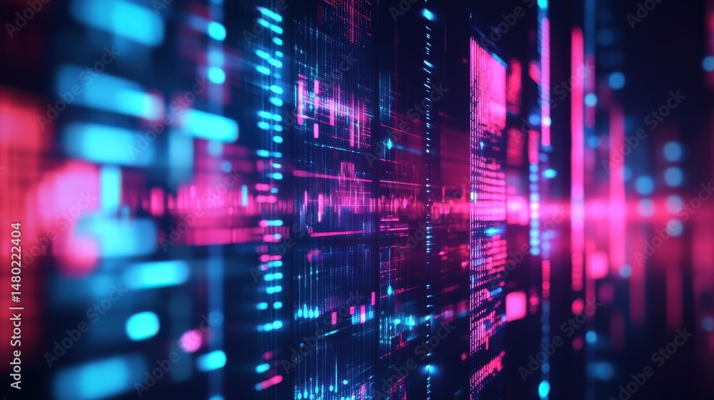Poster futuristic digital data stream with neon light patterns and grids